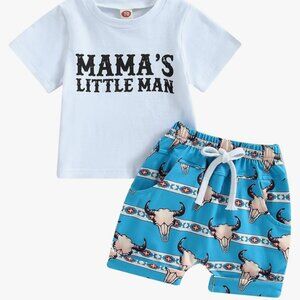 Western Baby Boy T-Shirt Shorts Set 2pc 12 18 mth cowboy " Mama's Little Man "